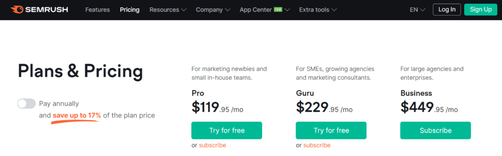 semrush pricing plans